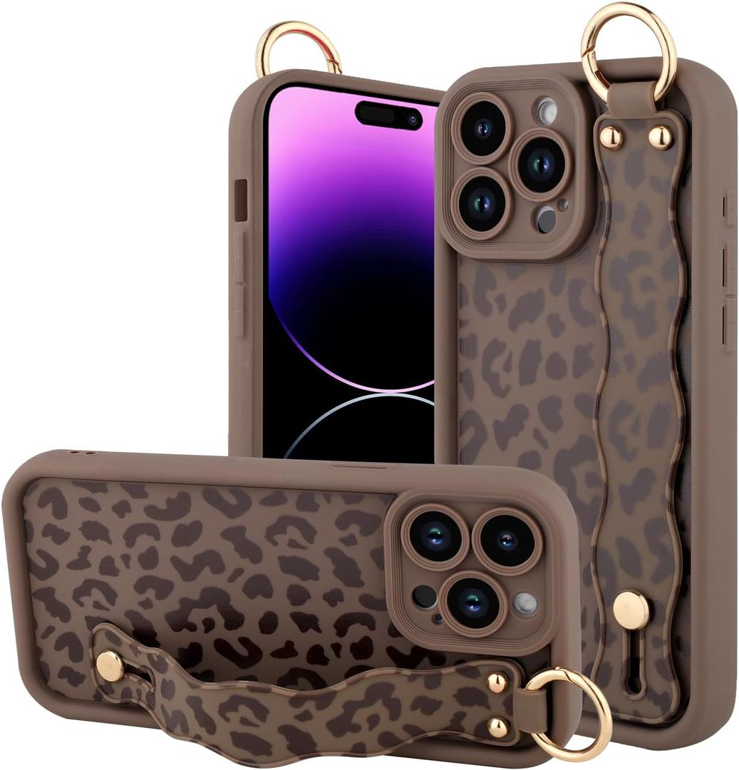 OOK Compatible with iPhone 14 Pro Max Case with Wrist Stand for Women Girls, Brown Leopard Cheetah TPU Shockproof Protection Silm Silicone Kickstand Upgraded Cover, for 6.7inch