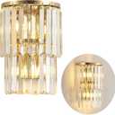 Siljoy 2-Lights Modern Crystal Wall Light, 2-Tiers Crystal Bedside Wall Mount Lighting Fixture, Mirror Gold Stainless Steel K9 Crystal Wall Sconce for Bedroom Living Room Hallway H10'' x L8''