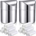 2 Pcs Desk Trash Can with Swing Lids, 12 Rolls of Trash Bags, 2L Brushed Stainless Steel Countertop Garbage Bin Small Wastebasket with Lid for Office Desk, Coffee Table(Silver)