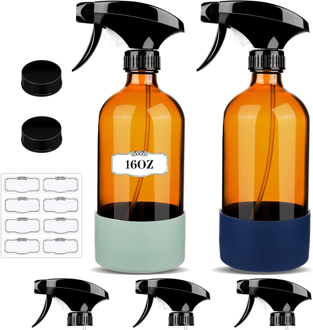 ZENOWICK 2 Pack/16 Oz Glass Spray Bottles, Refillable Empty Containers with Silicone Sleeve, Upgraded Adjustable Nozzle Spray Bottle Sets for Cleaning, Essential Oils, Hair (Amber)