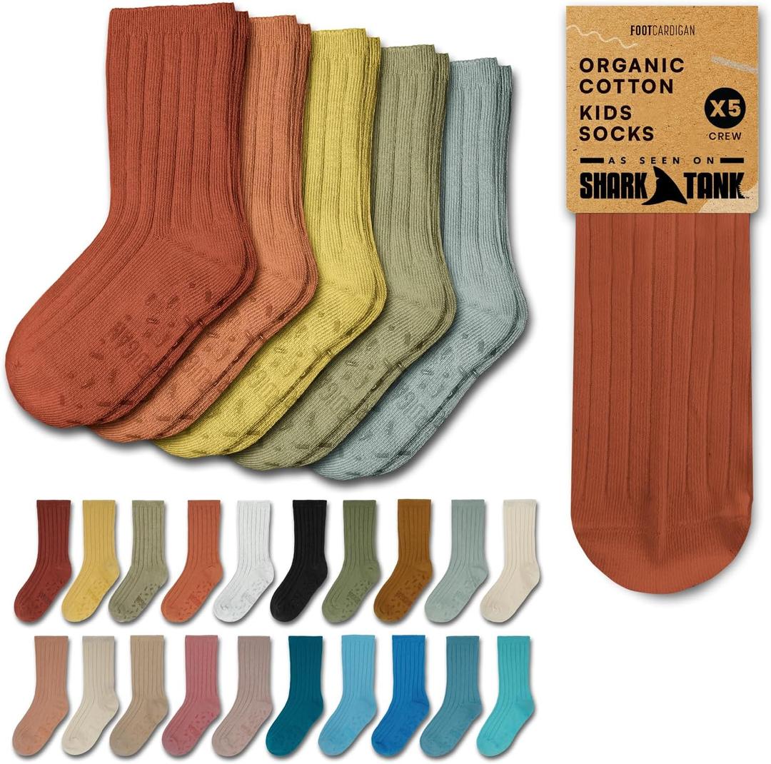 Foot Cardigan Organic Cotton Kids Socks, Non Slip Grip Crew, 5 Pairs Boys Girls Toddler to Teen Ages 2-14