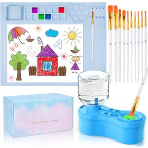 Painting Station, Silicone Painting Mat and Paint Brush Cleaner, 20"X16" Silicone Art Mat with 10 Paint Brushes, Paint Brush Rinser, Art Painting Supplies Set (Blue)
