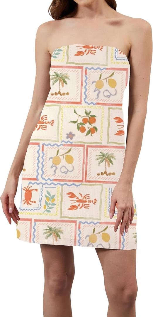 TERIVEEK Women Strapless Tube Mini Dress Boho Floral Print Sleeveless Backless Short Dress Summer Going Out Beach Sundress (White, M)
