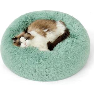 Bedsure Calming Cat Beds for Indoor Cats - Small Cat Bed Washable 20 inches, Anti-Slip Round Fluffy Plush Faux Fur Pet Bed, Fits up to 15 lbs Pets, Garden Green