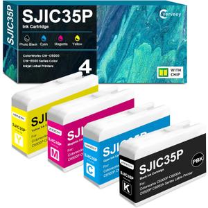 SJIC35P Ink Cartridge 4-Pack Remanufactured for SJIC35P-BK SJIC35P-C SJIC35P-M SJIC35P-Y Replacement for ColorWorks C6500 C6000 C6500AU C6000AU Series Color InkJet Printer Ink (4-Pack, PBK/C/M/Y)