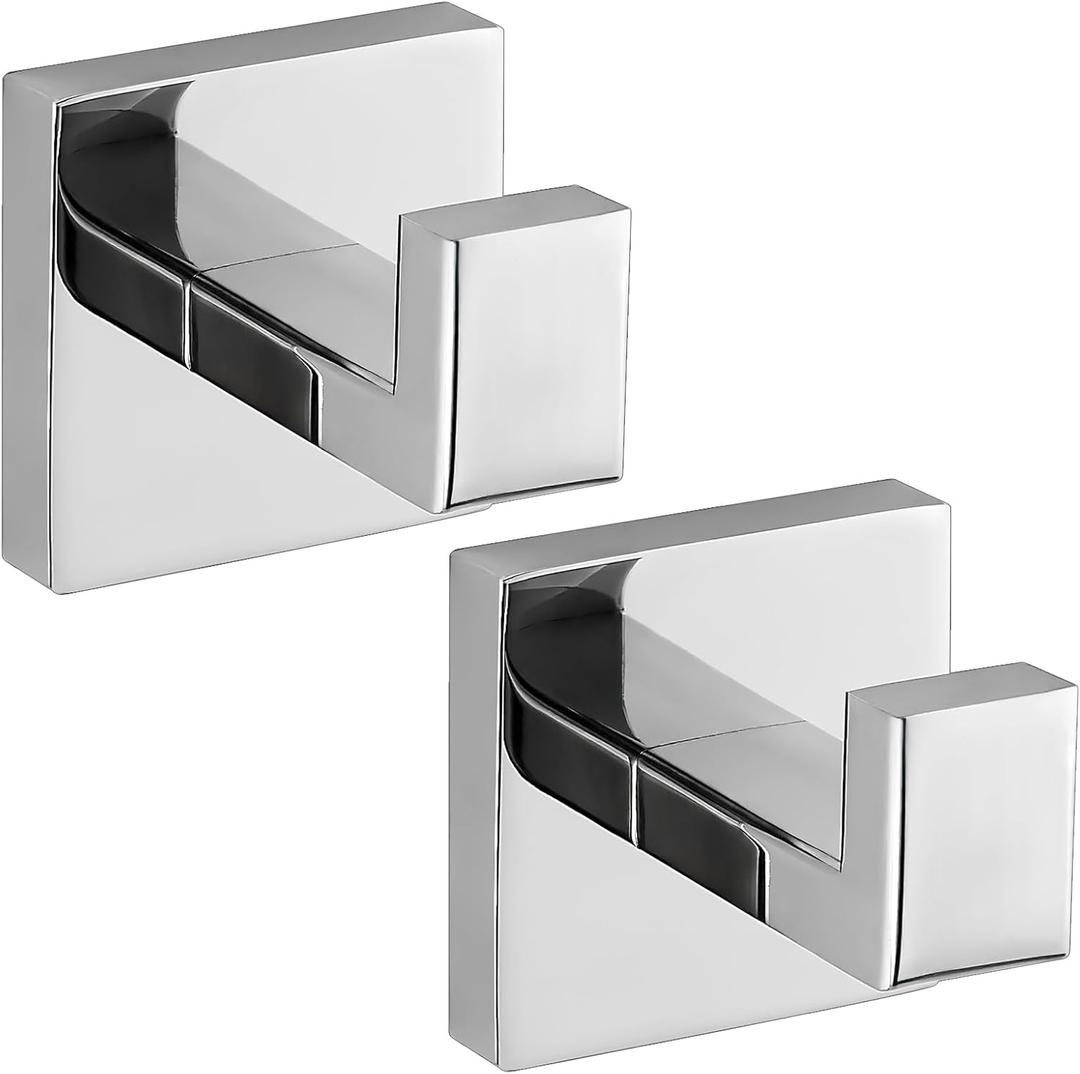 Towel Hooks for Bathrooms, Heavy Duty Wall Mounted Stainless Steel Modern Hook, 2 Pack Ideal for Hanging Towels, Robes, Coats, in Kitchen, Bedroom, Bathroom, or Hotel (2, Chrome Polished)