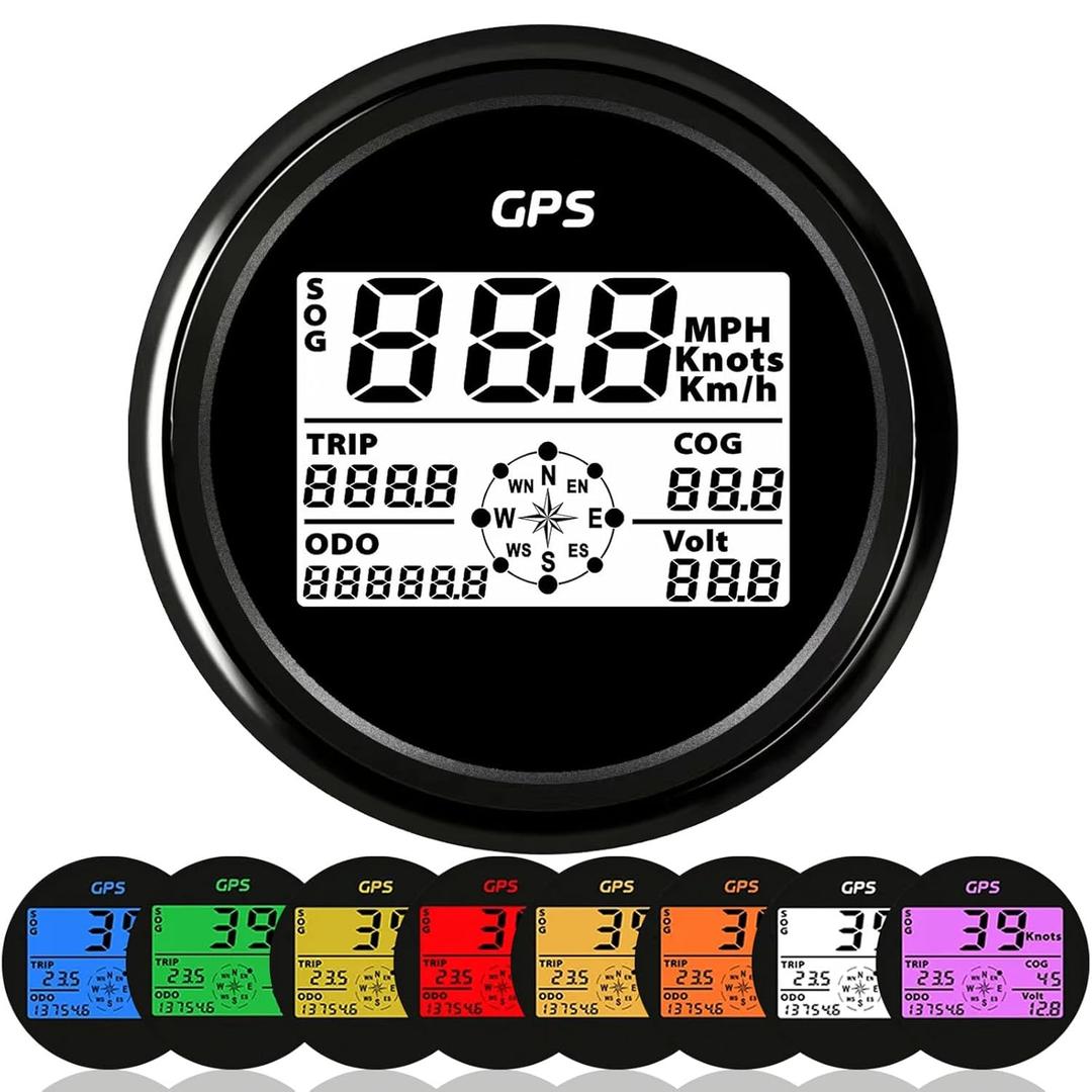 85mm Digital GPS Speedometer Odometer for Car, Boat, Motorcycle - 8 Color Backlight (Black)