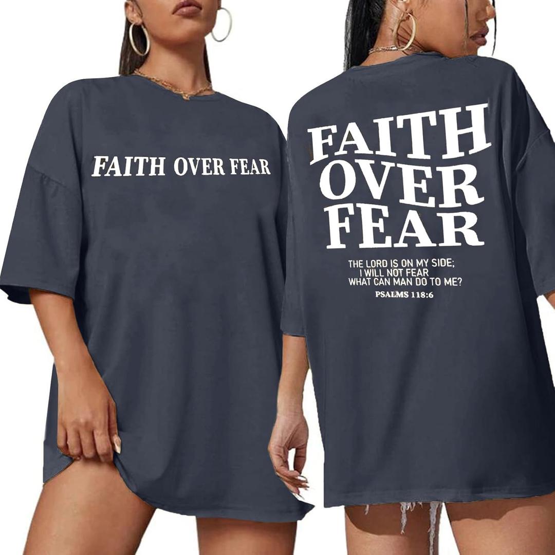 Faith Over Fear Tee Shirt Women Oversized Christian Religious Sayings Tshirts Short Sleeve Tee Tops (Gray, XXL)