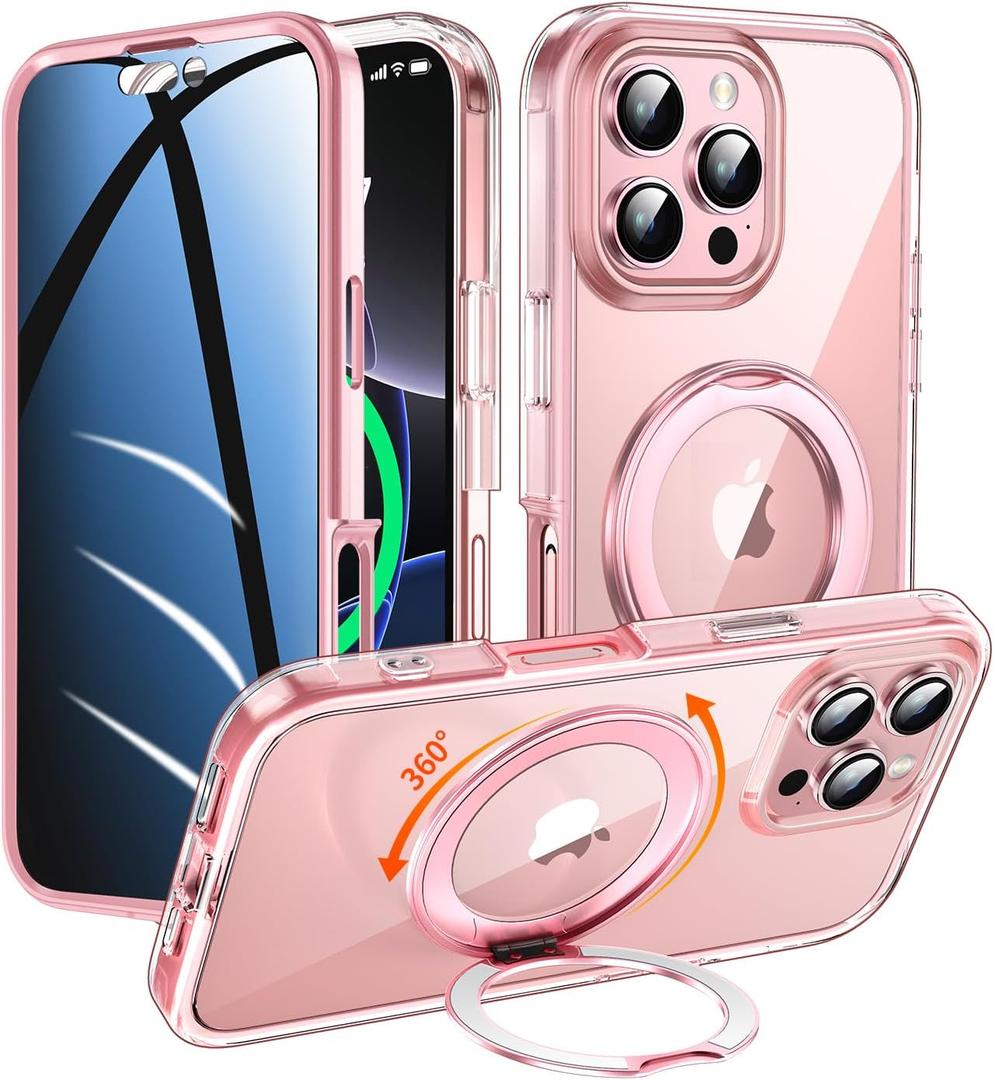Privacy Case for iPhone 16 Pro Max with 360Stand [Built-in Anti Peeping Screen Protector] [Compatible with MagSafe] [Magnetic Ring ] Full Body Protective Phone Cover 6.9", Pink