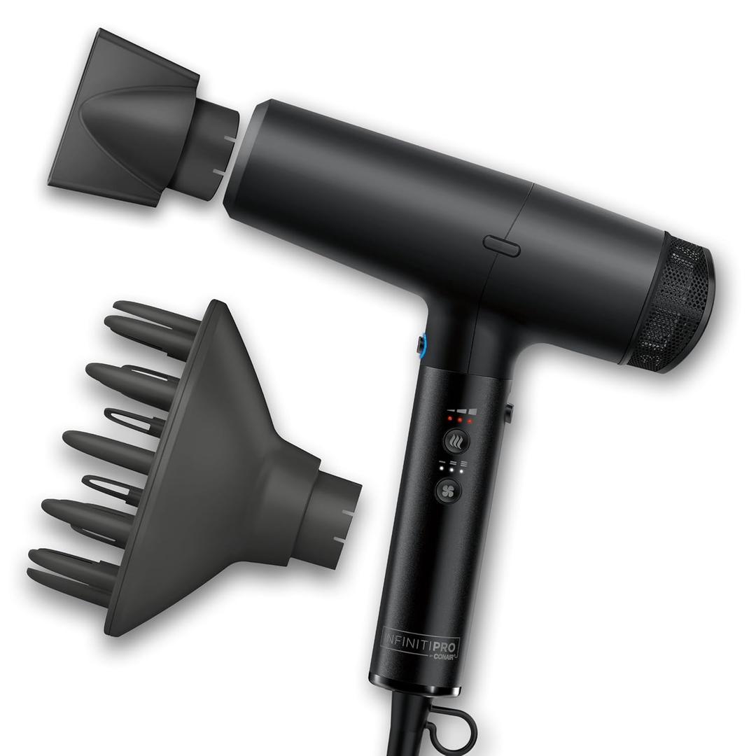 Infiniti PRO CONAIR Digital Dryer, Frizz-Reducing Ionic Hair Blow Dryer with Diffuser and Concentrator Attachments, Up to 5X More Speed and 90,000 RPMs for Advanced Drying Power, Black