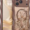 DOMAVER Floral Case for iPhone 17 Pro Max, Cute Curly Wave Edge Cases with Flower Pattern for Women Girls, [Compatible with Magsafe] Slim Fit Protective Cover for iPhone 17Pro Max 6.9 inch, Brown