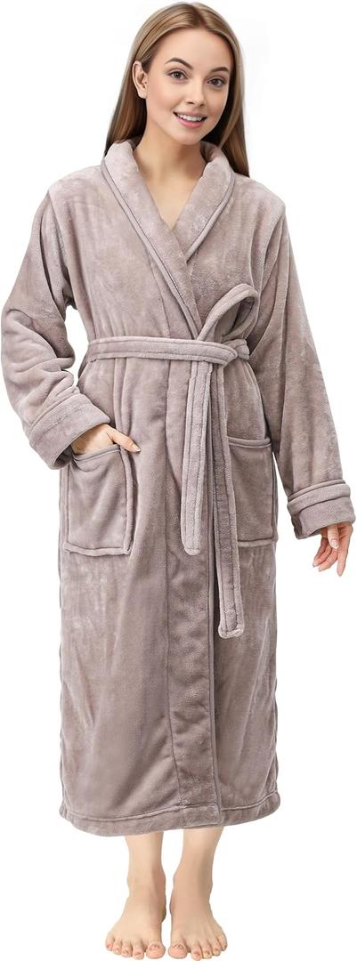 NY Threads Premium Women's Robe Plush Soft Long Bathrobe Warm Fleece Shawl Collar Spa Robe (Large (Pack of 1), Taupe)
