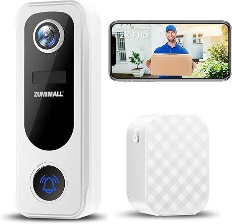 ZUMIMALL Doorbell Camera Wireless - 2K Video Doorbell with Chime, 2 Way Audio, Voice Changer, 30s Voice Message, Anti-Theft, AI Detection, Cloud Storage, 2.4GHz WiFi, Battery Powered, Work with Alexa
