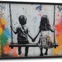 Banksy Large Wall Art for Living Room Little Boy and Girl Pictures Street Pop Art Graffiti Canvas Big Wall Decor Painting Artwork Framed Decorations for Bedroom Boys and Girls Room Office 24"x36"