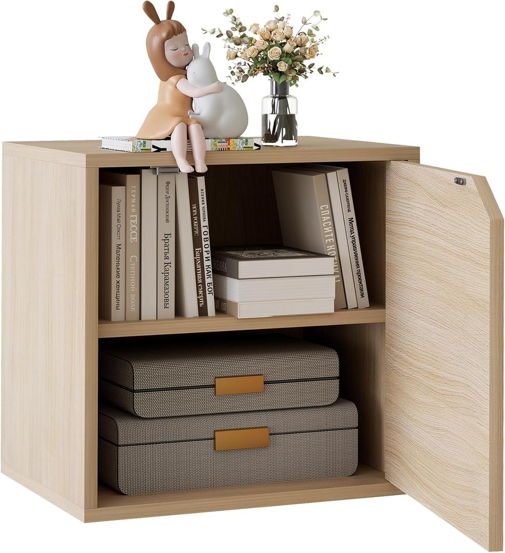 Garden 4 You Cube Storage Organizer Shelf, 2 Tiers Stackable Bookshelf With Door, Wooden Display Bookcase, Small Cabinet for Living Room Bedroom, Natural (Brown)