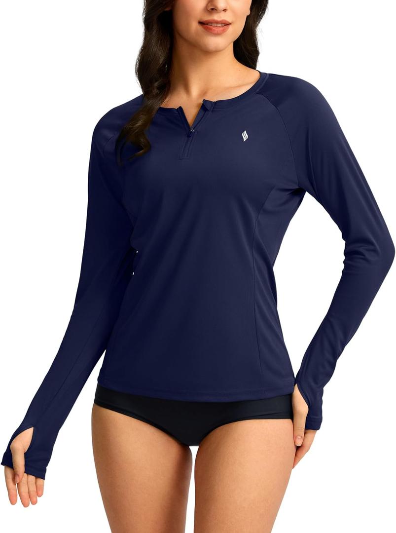 SANTINY Women's Rash Guard UPF50+ SPF Long Sleeve Swimsuits Top UV Sun Protection Swim Shirts for Woman with Zip (Beige, XS)