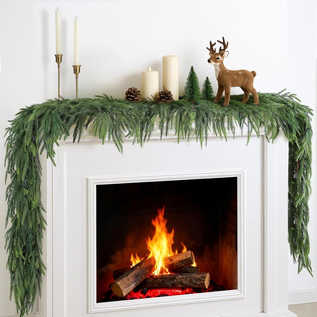 12FT(2 * 6FT) Christmas Garlands for Decorating, Real Touch Norfolk Pine Garland, Artificial Greenery Garlands for Mantle, Stairs, Fireplace, Indoor Outdoor Christmas Decorations (Soft 6FT - 2 Pcs (Without Lights))