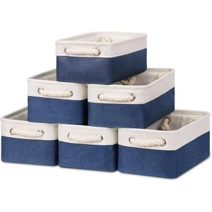 Bidtakay Small Canvas storage baskets with Handles [6 Pack] Navy Blue Fabric Storage Bins 11.8 x 7.8 x 5 inches Decorative storage baskets for Shelves, Closet, Nursery (White&Blue)