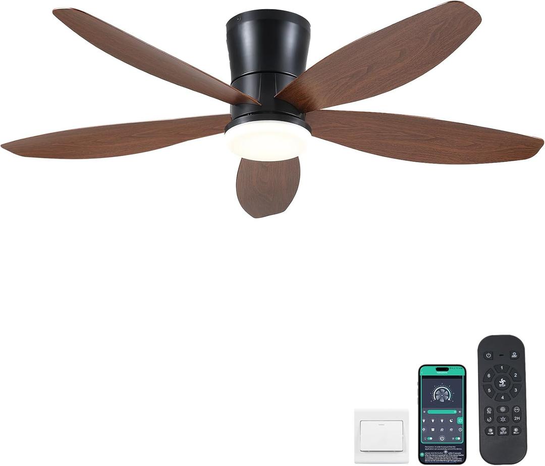 Ceiling Fans with Lights-48 Low Profile Ceiling Fan with Light and Remote/APP Control,Flush Mount,DC Reversible,LED Dimmable Modern Ceiling Fans for Bedroom,Indoor/Outdoor Patio Use(Brown) (48IN)
