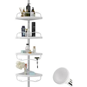 BsBsBest Corner Shower Organizer, 56-125 Inch Caddy, 4 Layer Plastic Shelves with Rustproof Steel Tension Pole, Drill Free Shower Storage, Silver