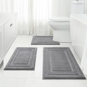 HOMEIDEAS Bathroom Rugs Sets 3 Piece, Super Soft and Absorbent Non Slip Microfiber Toilet Bath Mat with U-Shaped (Grey) (1'4" x 2'8" (16"x24"+20"x32"+U Shape 20"x24"))