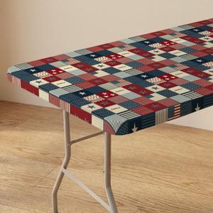 Horaldaily 4th of July Fitted Tablecloth Fit for 5ft Rectangular, America Stars Plaid Patchwork Patriotic Washable Table Cover Elastic Edged for Dinning, Picnic, Camping, Banquet