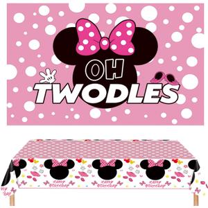 Oh Twodles Backdrop Party Decorations, Pink Palka Dot Backdrop Birthday Banner with Disposable Tablecover Set, Cartoon Photography Background and Tablecloth for Girls 2nd Party Supplies