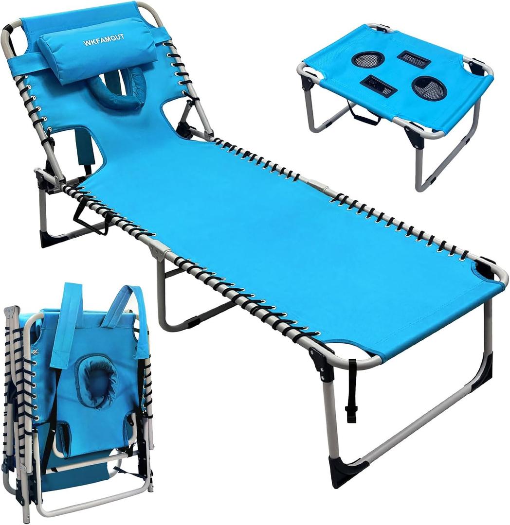 Backpack Sun Tanning Chair with Face Hole & Beach Table, 5-Position Adjustable Folding Lounge Chair Outdoor for Lawn Patio Garden, 74.8"*23.23"