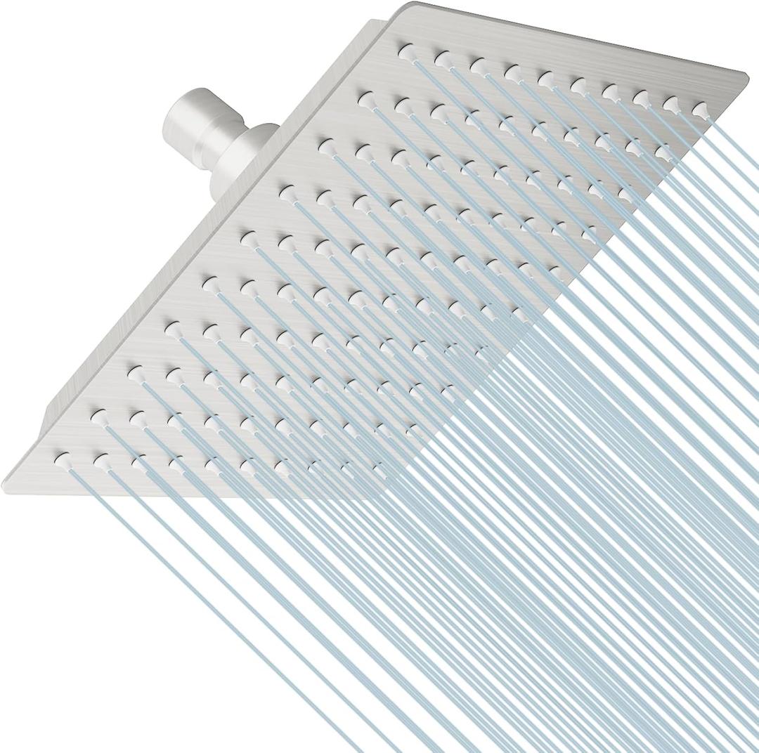 BESy 8 Inch Rain Shower Head, 8" Square Rainfall & High Pressure Stainless Steel Bath Shower Head, 1/16" Ultra Thin, Waterfall Full Body Coverage with Silicone Nozzle, Non Fingerprint Brushed Finish