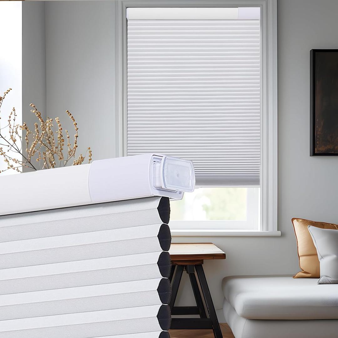 Upgrade No Drill No Tools Cellular Shades for Indoor Windows 38mm Honeycomb Blinds Cordless Free Stop Blinds for Windows White Blackout 34.5" WX64 H