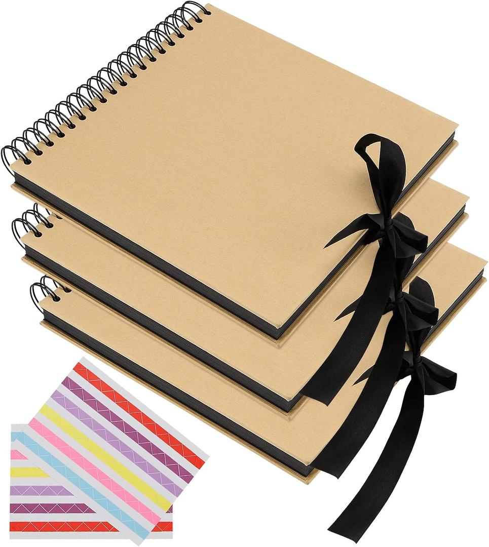 SINJEUN 3 Pack 10 x 10 Inch Scrapbook Album,150 Pages Kraft Paper Cover Photo Album Scrapbook Black Pages with Ribbon and Corner Stickers, Book Wedding Guest Book Anniversary
