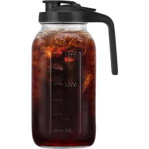 64oz Glass Pitcher with Handle and Lid, 2 Quart Mason Jar Pitcher - Airtight & Leakproof Water Jug with Pour Spout Lid, Glass Containers for Fridge, Perfect for Juice, Cold Brew, Iced & Sun Tea (Black)