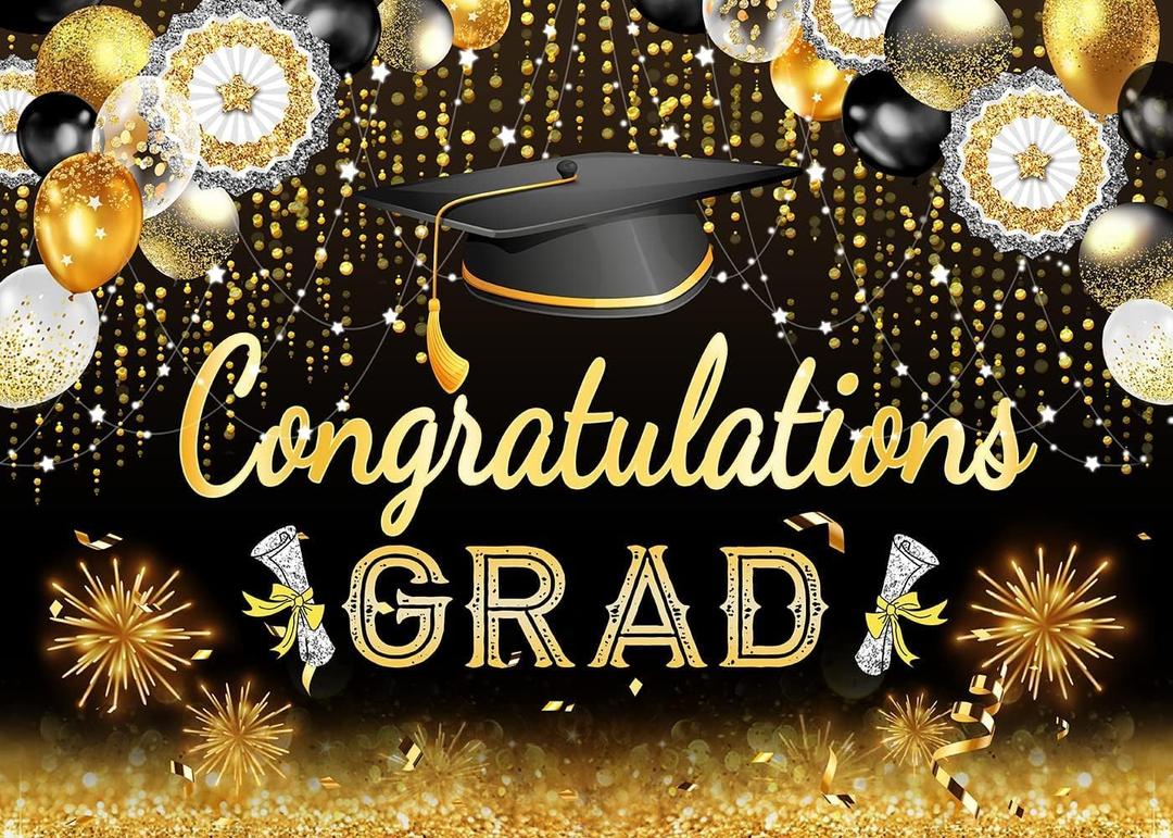 7x5ft 2025 Graduation Party Backdrop -Black and Gold Congratulations Grad Banner Backdrop,2026 Graduation Decorations Photo Booth Background