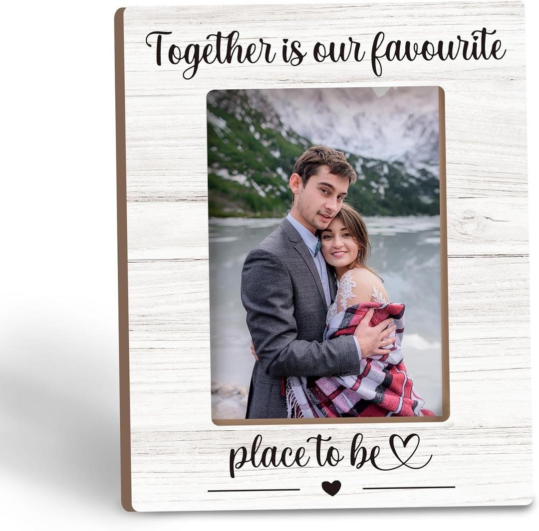 Couple Picture Frame 5x7, Anniversary Engagement Gifts for Couples Bride Groom Wooden Photo Frame for Tabletop Desk Display, Together Is Our Favourite Place to Be Wedding Home Room Decor