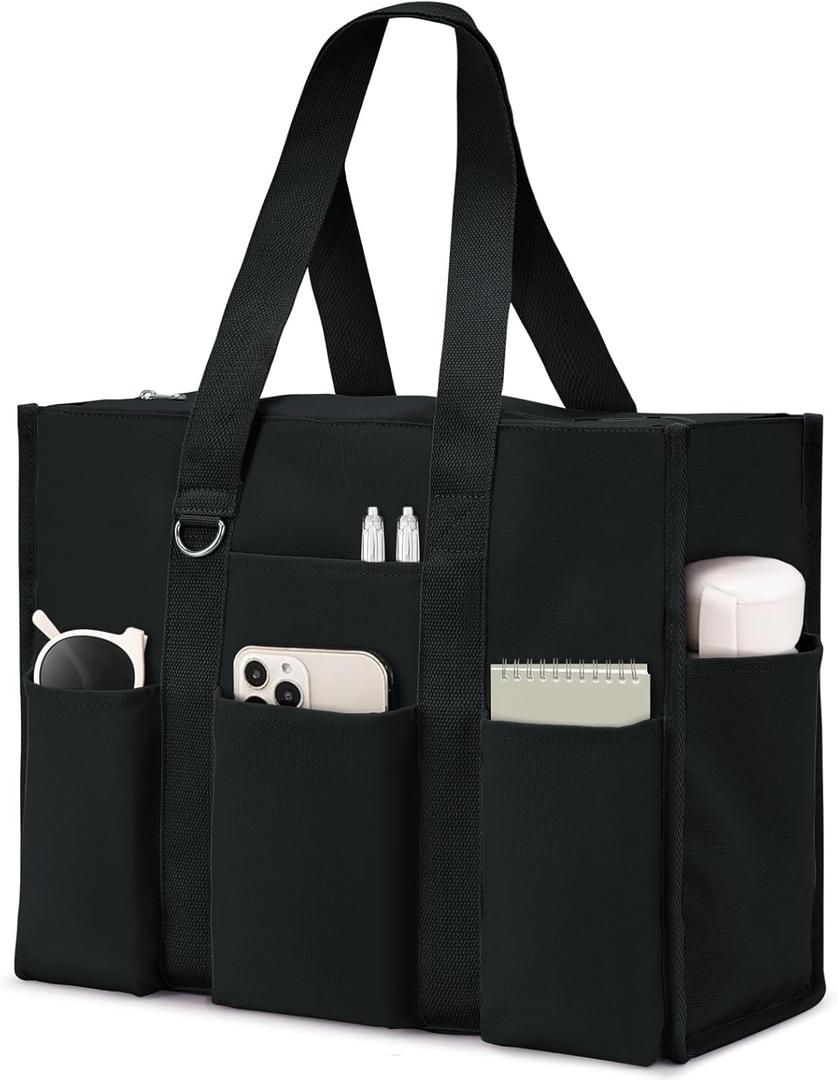 Becokan Large Tote Bag for Women Waterproof with 12 Pockets Top Zipper Closure Utility Teacher Nurse Bags for Work School (Black)