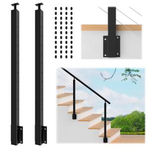 2 Pack Side Mount Stair Cable Railing Post 36" (Post Body 44"), Left Side Space-Saving Fascia Mount Deck Post for 36"-38" Stair Railing, Black Stair Handrail Post for Indoor Outdoor Stairway