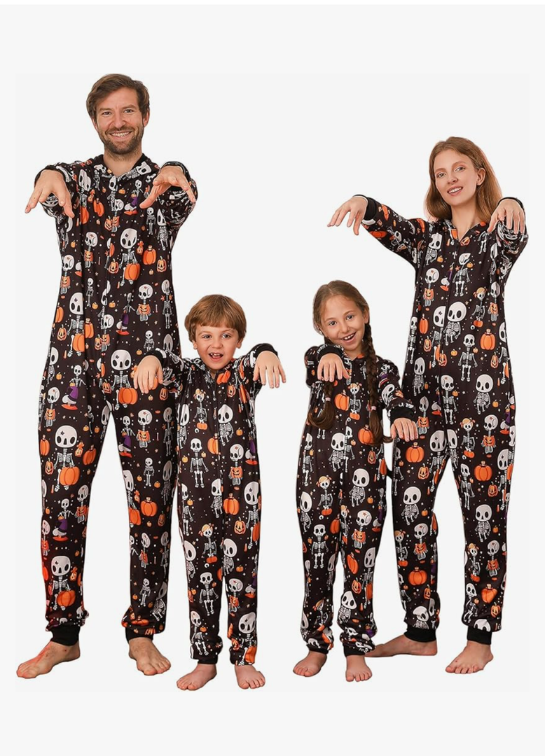 VNVNE Matching Halloween Onesie Pajamas, Pumpkin Skeleton Holiday One Piece Adults Pjs Sleepwear Loungewear for Family/Couples/Women/Men(Men,XXL,Black Ghost)
