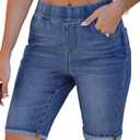 luvamia Bermuda Shorts for Women Jean Pull On Elastic Waist High Waisted Knee Length Fold Hem Stretchy Denim Womens Long Shorts Classic Blue Size Medium Fits Medium, Classic Blue