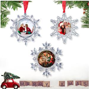 Christmas Photo Ornaments - 3.86" Snowflake Ornaments, Fits 2 inches inches Photos - Christmas Decorations - Xmas Tree Decorations with Clear Rhinestones (White 3 PCS) (Red,Silver)