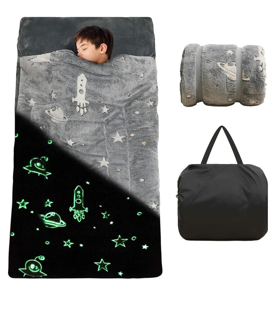 Kids Sleeping Bag for Girls Boys Glow in The Dark Toddler Slumber Bag Luminous Soft Sleepover Bag Nap Mat Preschool Daycare Kindergarten Slumber Sack with Pillow Pocket