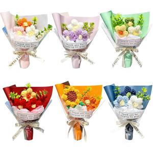 Wavwavw 6 Pcs Teacher Appreciation Gifts Crochet Handmade Positive Mini Crochet Flower Bouquet Thank You for Helping Me Grow Teachers Gifts for Graduation Teacher Appreciation Week Women Men (Bright)