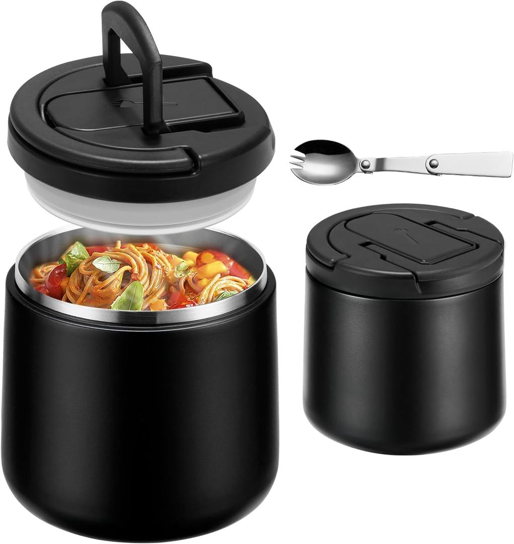 20oz Insulated Vacuum Food Jar with Buckle Lid,Soup Thermo for Hot Food Kids,Wide Mouth Leakproof Stainless Steel Lunch Container with Spoon-Black