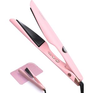 LANDOT Flat Iron Hair Straightener and Curler 2-in-1, Twist Ceramic Straightening Curling Iron for Smooth Straight & Bouncy Curls, Dual Voltage, Temp 250-450F All Hair Types, Blush Pink, 1 inch