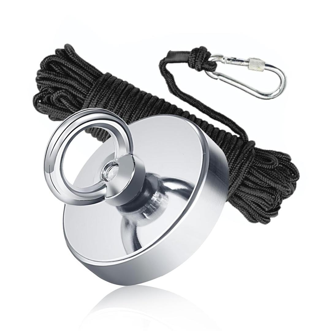 Magnet Fishing Kit 2.4"(60 mm) 500lb+, Big Strong Rare Earth Fish Magnets Heavy Duty with 65ft Rope, Super Neodymium High Power Magnet with Handle for Retrieving in Lake, Beach, Lawn (Q60)