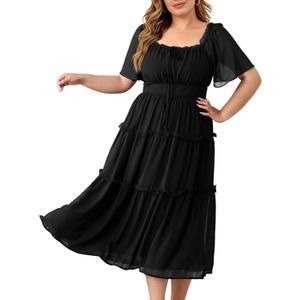 Plus Size Floral Chiffon Maxi Dress for Women ,Square Neck Puff Sleeve Lined Summer Beach Dress 3XL