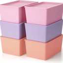 Menkxi 6 Pcs Storage Bins with Lids Small Plastic Storage Containers Stackable Storing Baskets Box Cute Organizer Bins for Organizing Shelves (Pink,Purple,Orange)