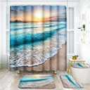 ArtSocket 4 Pcs Shower Curtain Set Beautiful Sunrise Over Sea Beach Sunny Sunset Marine Natural with Non-Slip Rugs Toilet Lid Cover and Bath Mat Bathroom Decor Set 72" x 72"