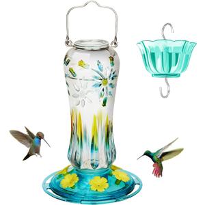 Kingsyard Glass Hummingbird Feeders for Outdoors Hanging, 25 oz Leak Proof Hummingbird Feeder with Ant Moat & 6 Bee Proof Feeding Ports, Turquoise
