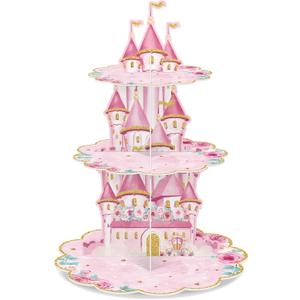 Zopeal 3 Tier Watercolor Princess Birthday Cupcake Stand Party Decorations Floral Princess Cupcake Holder Pink Flowers Dessert Tower for Girls Birthday Princess Theme Baby Shower Party Supplies
