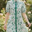 Wenrine Womens Mini Dress Summer Casual Short Puff Sleeve Floral Collared V Neck Loose Button Down Shirt Dress with Pockets (Green, XL)